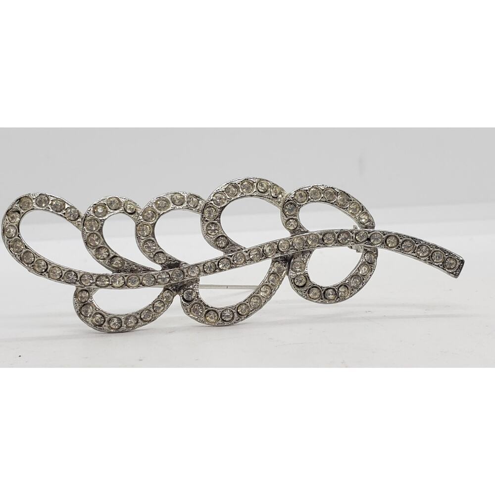 Vintage Brooch Clear Rhinestone Feather Leaf Long Dramatic Looping Swirls Ribbon - Picture 2 of 8